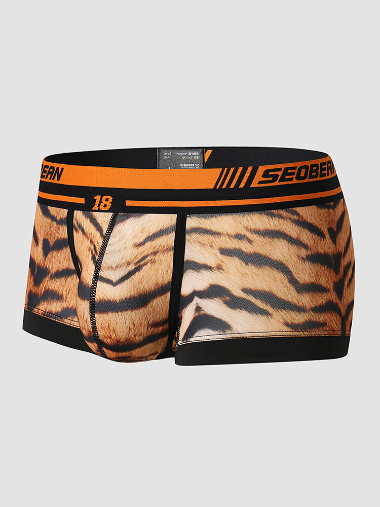 Men Tiger Print U Pouches Breathable Boxers Briefs With Contrast Waistband