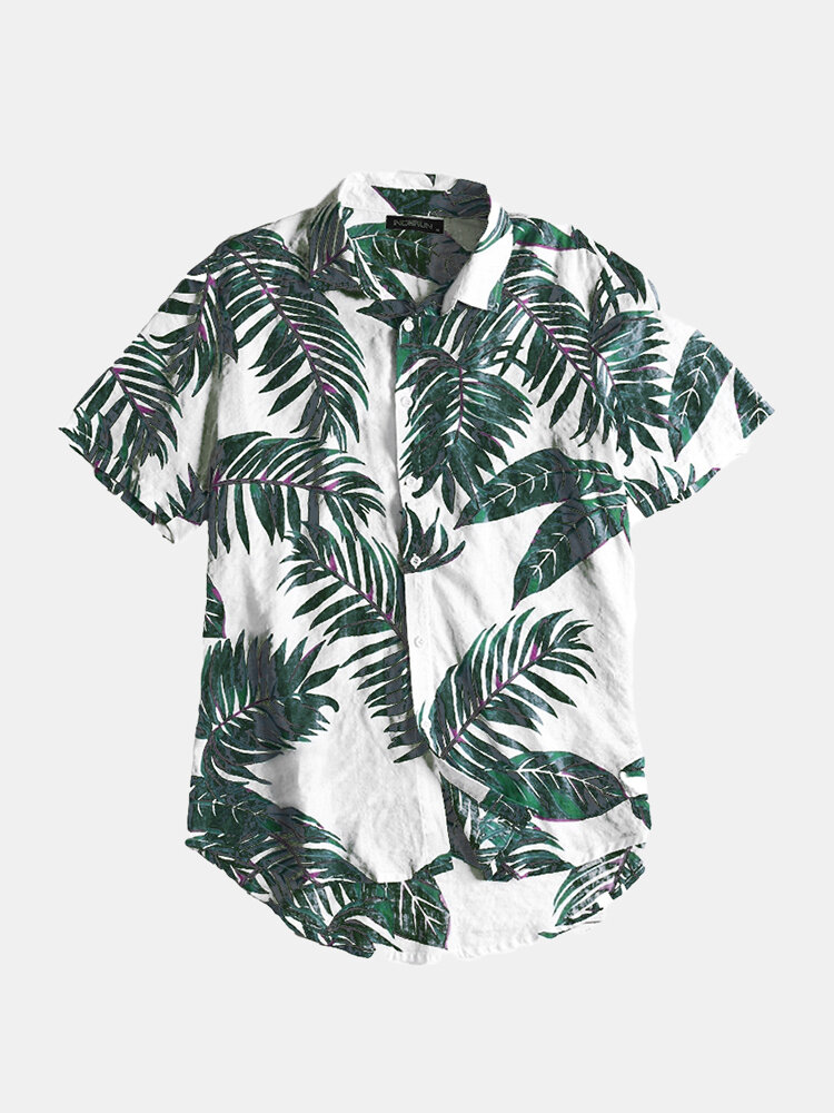 Mens 100% Cotton Breathable Hawaiian Tropical Plant Short Sleeve Shirt