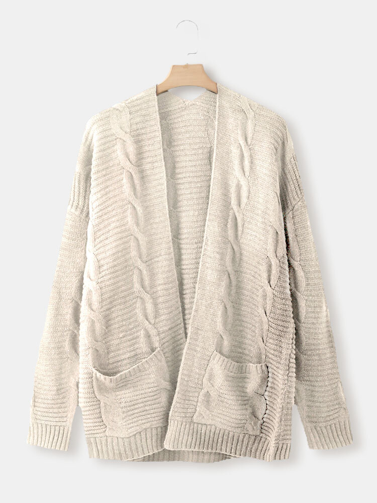 Solid Cable Knit Pocket V-neck Casual Homewear Cardigan