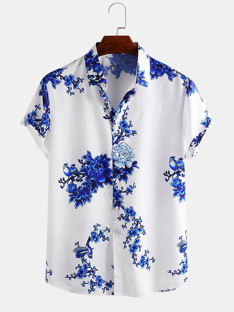 Mens Chinese Style Porcelain Floral Printed Short Sleeve Turn Down Collar Casual Shirt