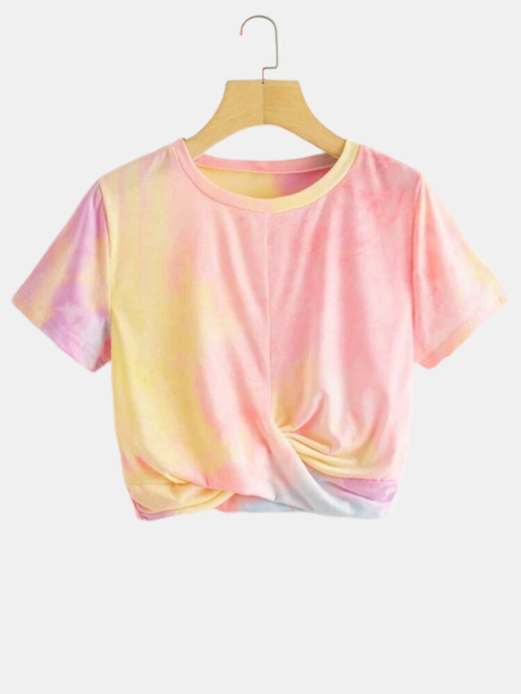 O-neck Tie-Dye Print Irregular Short Sleeves Casual T-shirt For Women