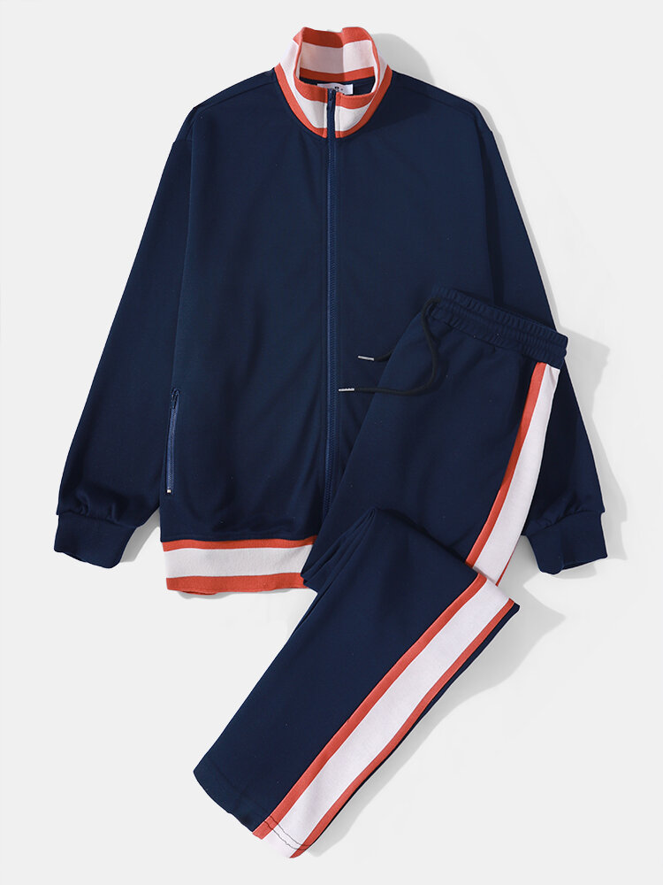 Mens Contrast Side Stripe Zip Up Jacket Sports Activewear Sets от Newchic WW