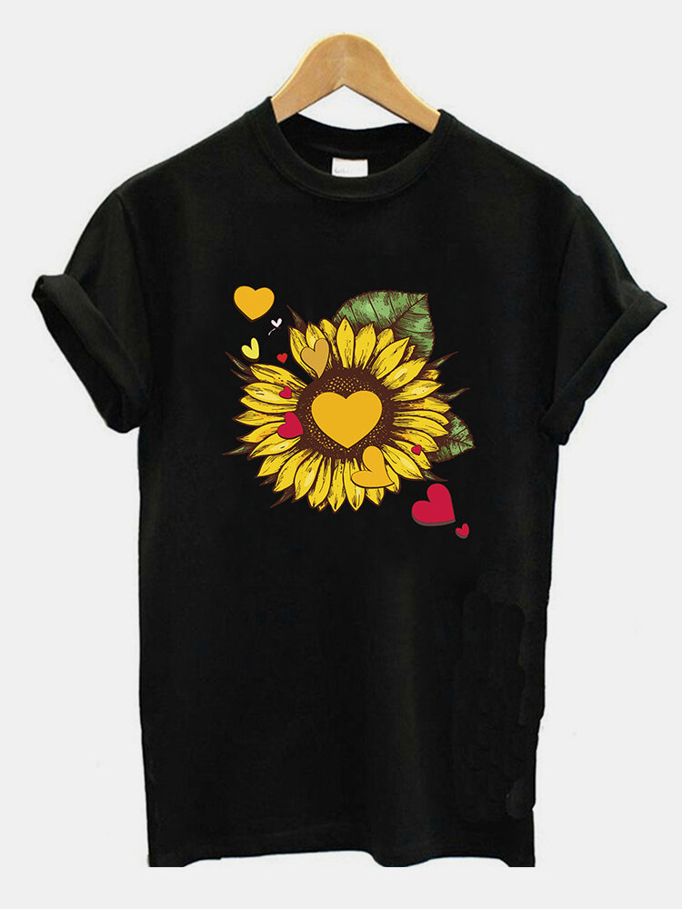 Sunflower Heart Print Short Sleeve T-shirt For Women