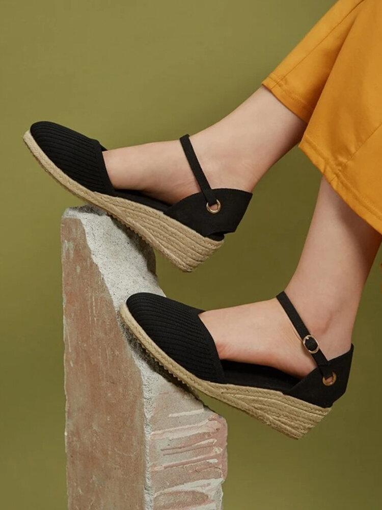 Women Casual Solid Color Knitted Buckle Wedge Heels Espadrille Closed Toe Sandals