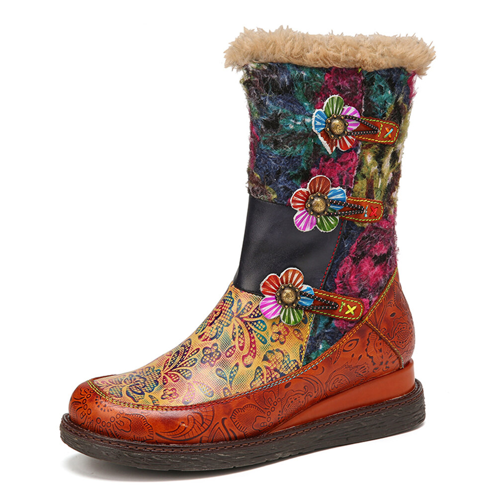

SOCOFY Retro Genuine Leather Colorful Printed Warm Lining Wearable Sole Platform Wedges Snow Boots, Brown