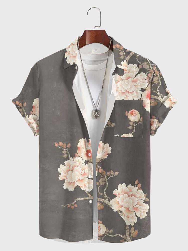 Camisas masculinas de manga curta com estampa floral chinesa com lapela e bolso no peito