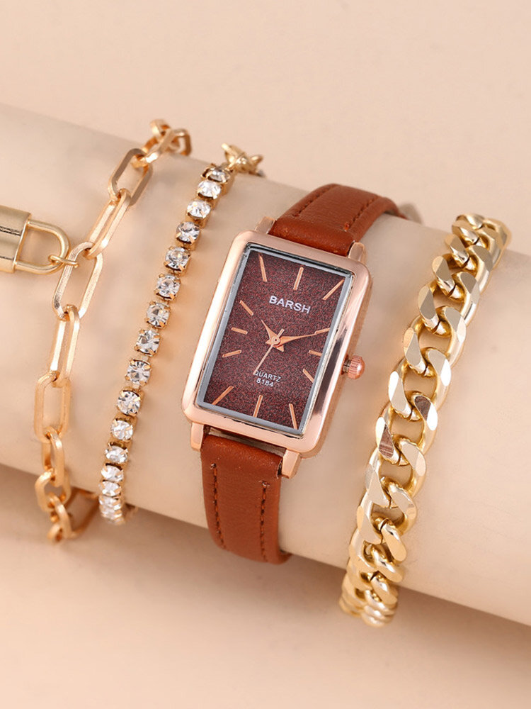 4 Pcs/Set PU Alloy Women Trendy Thin Band Rectangle Dial Watch Decorated Pointer Quartz Watch Bracelet