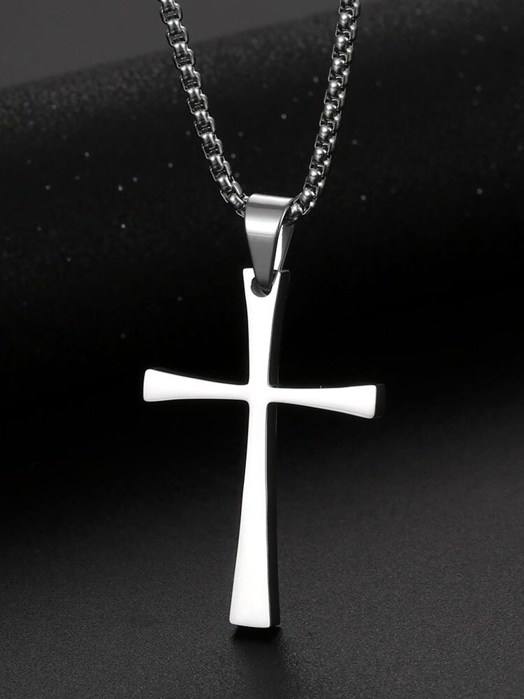 

1 Pcs Titanium Simple Solid Color Polished Cross Long Pendant Necklace, Black
