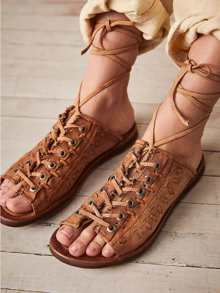 Large Size Women Casual Vintage Frayed Edge Lace-up Sandals