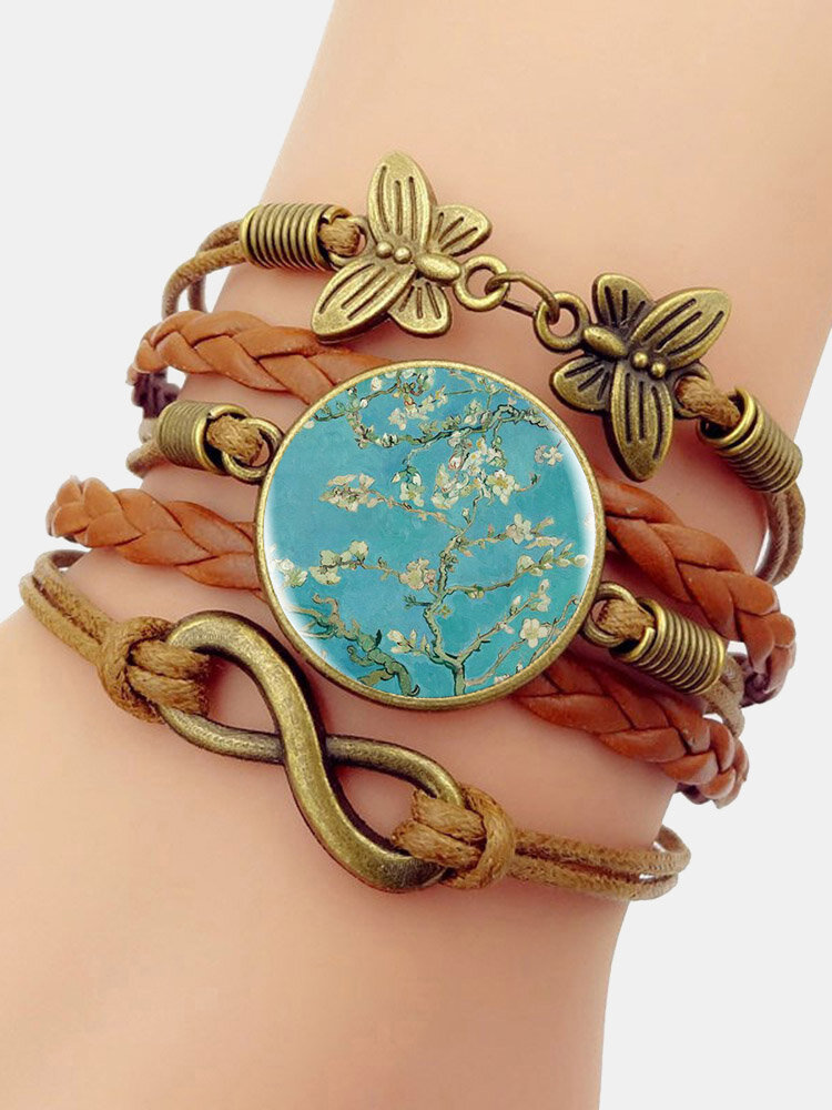 Vintage Pflaumenblütenmuster Druck Schmetterling Geflochtener Edelstein Mehrschichtiges Armband