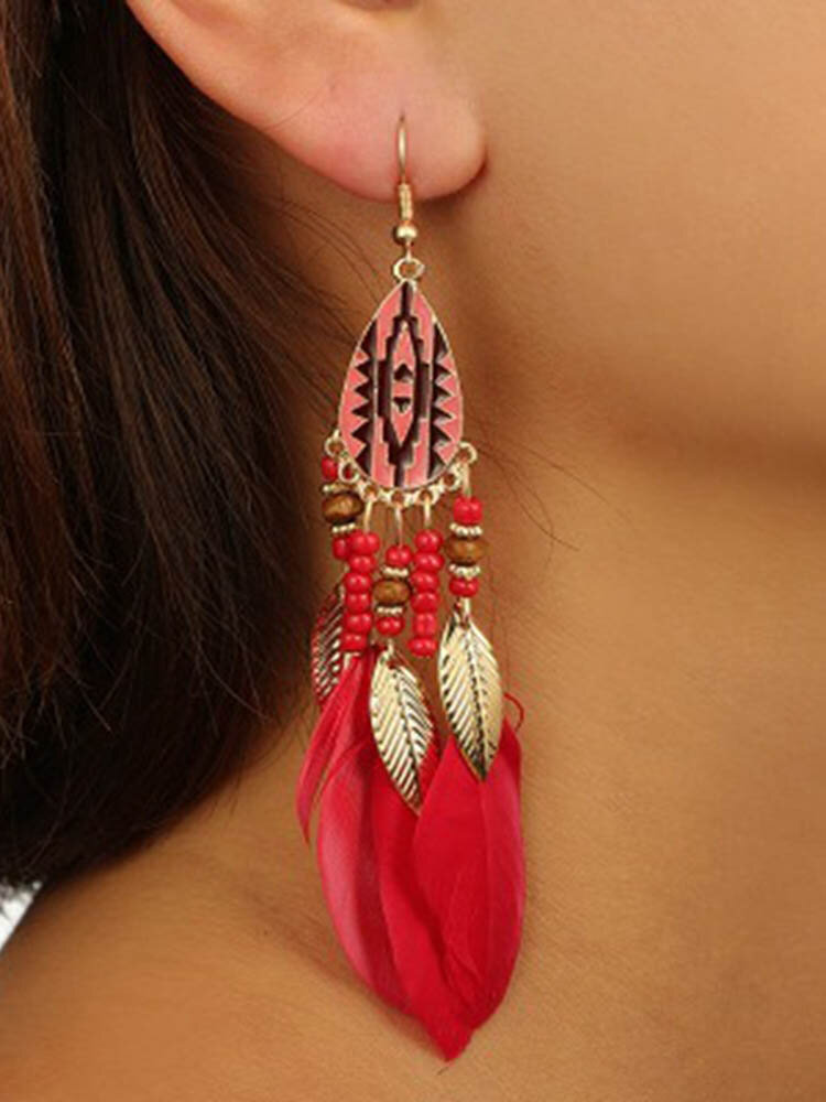 Bohemian Feather Drop Earrings Long-Style Tassels Earrings Retro Women Drop Earrings
