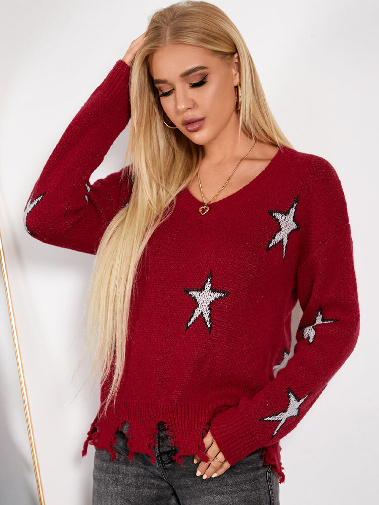 Stars Pattern Irregular Hem Long Sleeve V-neck Sweater