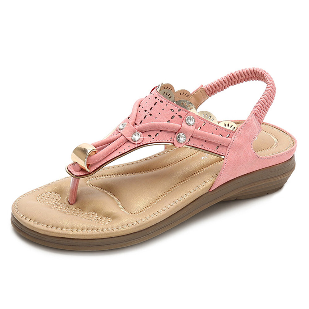 LOSTISY Women Casual Soft Leather Clip Toe Rhinestone Flat Sandals