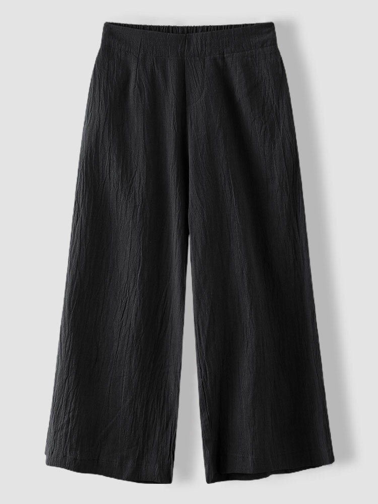Solid Color Elastic Waist Pocket Wide-leg Cotton Pants
