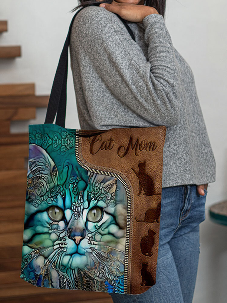Women Patchwork Fluorescent Cat Pattern Prints Handbag Shoulder Bag Tote