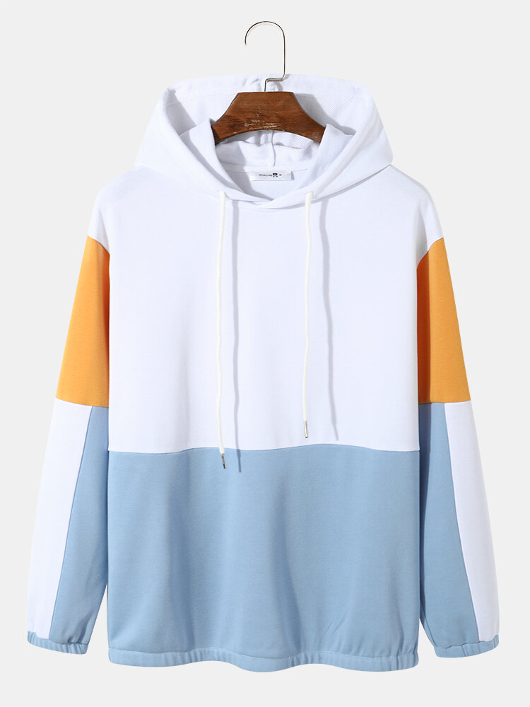 Mens Color Block Stitching Casual Overhead Drawstring Hoodies