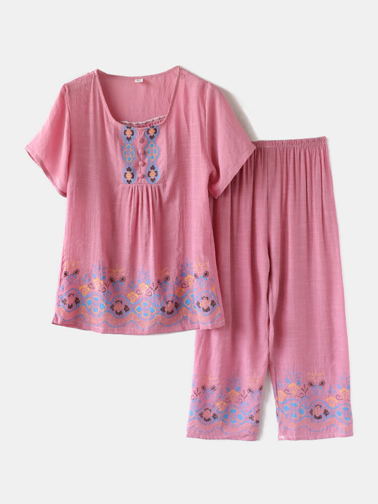 Damen Vintage Print Loungewear lockerer, atmungsaktiver Sommer-Pyjama mit quadratischem Kragen