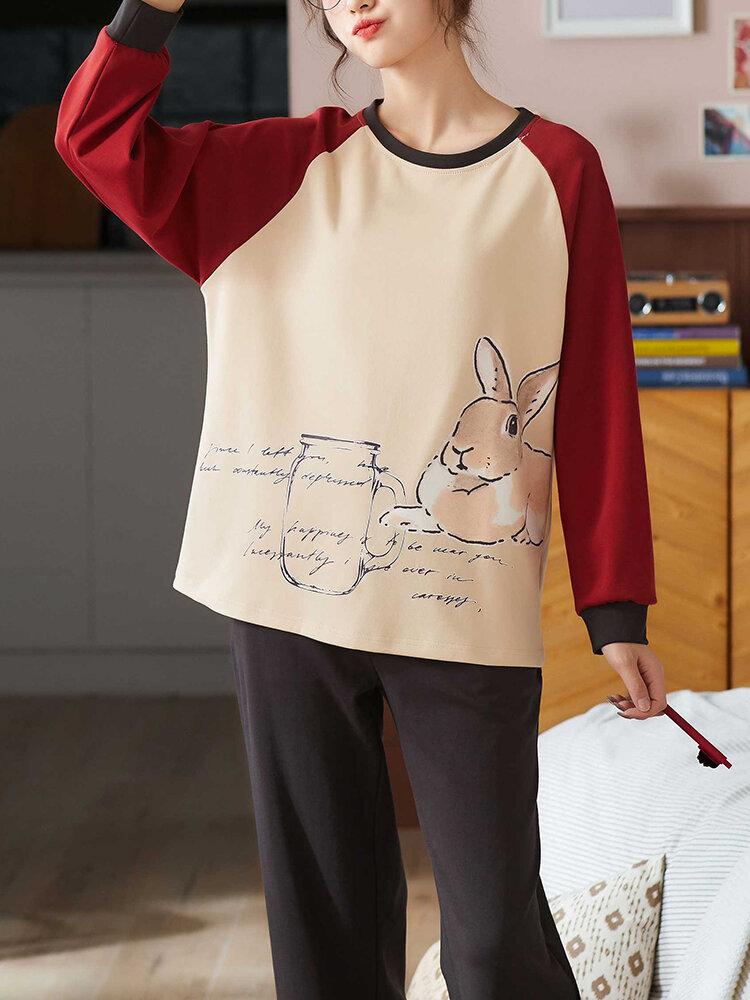 Women Cute Rabbit Print Cotton Round Neck Long Pajamas Sets
