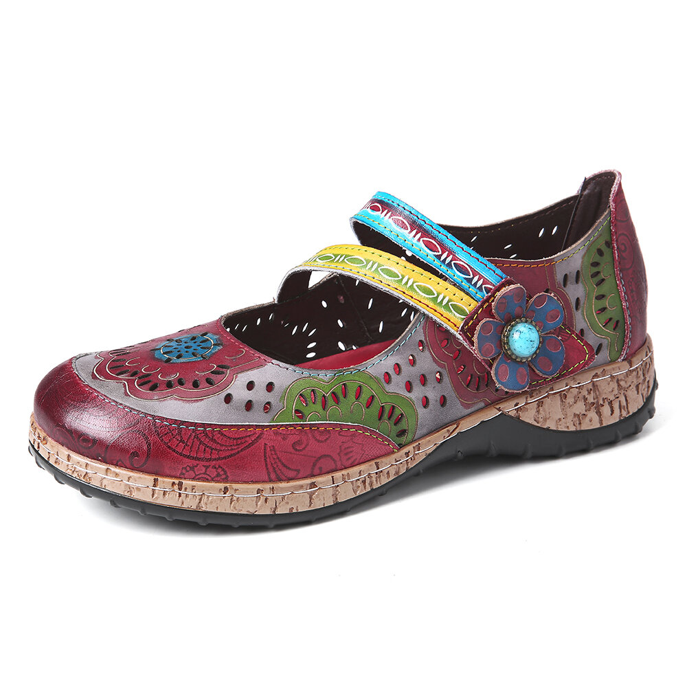 Retro Embossed Folkways Genuine Leather Splicing Floral Hook Loop Shoes