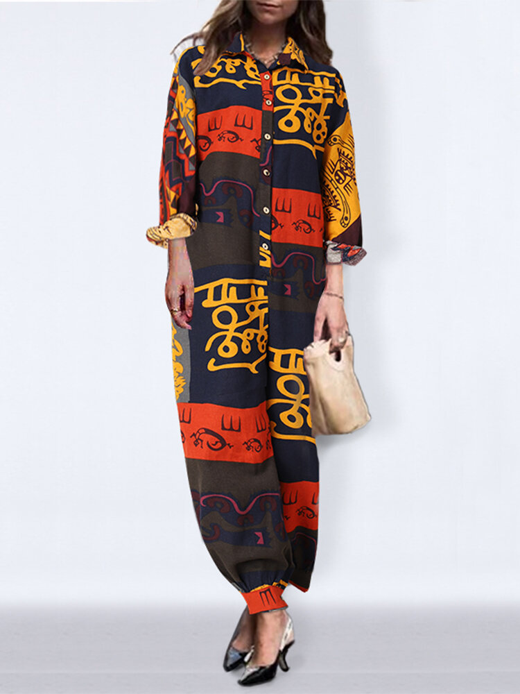 Ethnic Print Lapel Long Sleeve Vintage Jumpsuit For Women