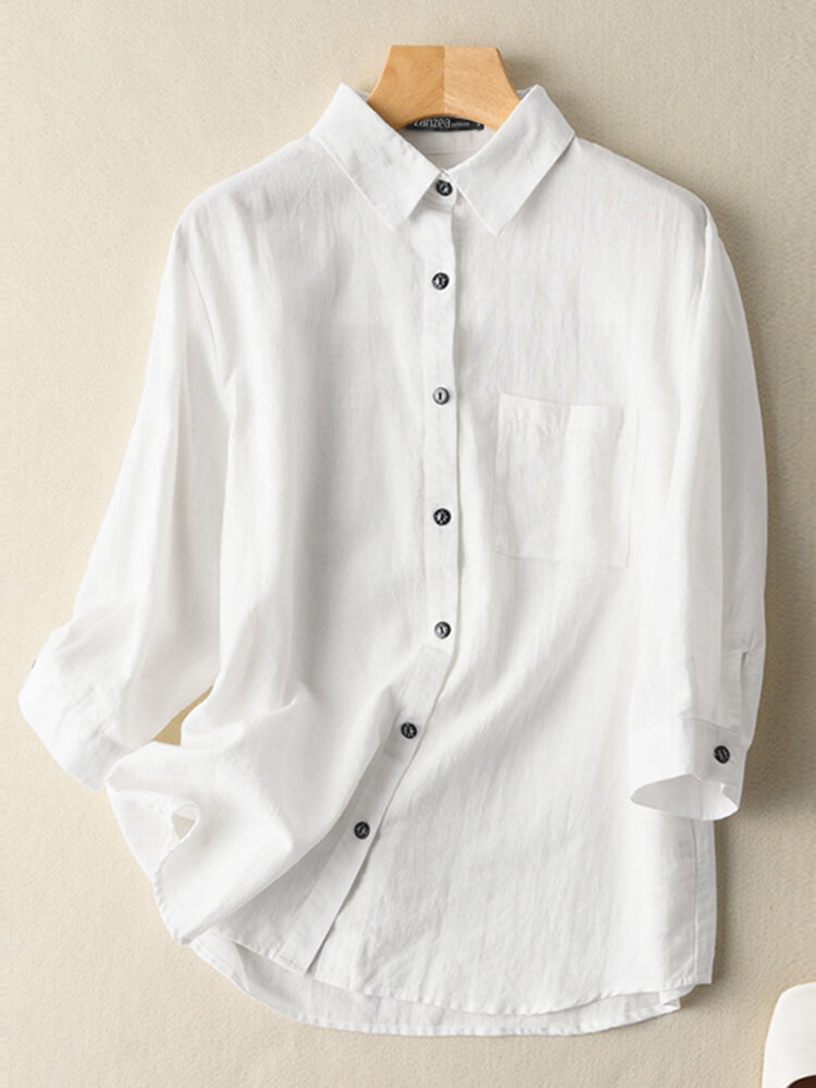 Solid 3/4 Sleeve Pocket Button Front Lapel Shirt