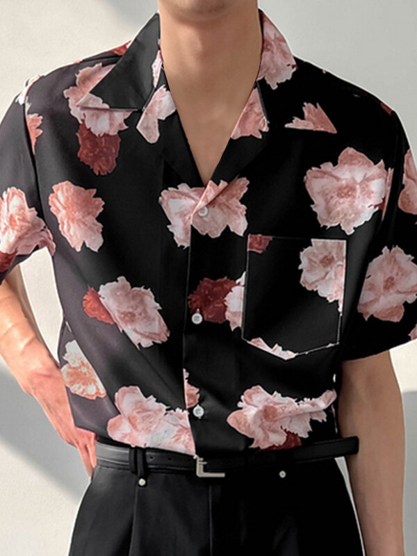 قميص رجالي بياقة ريفير مطبوعة بالزهور وبأكمام قصيرة