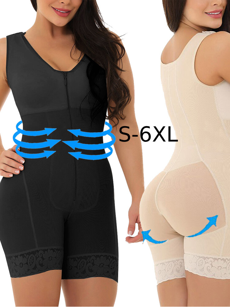 Plus Size Zip Front Lace-trim Tummy Control Bodysuits