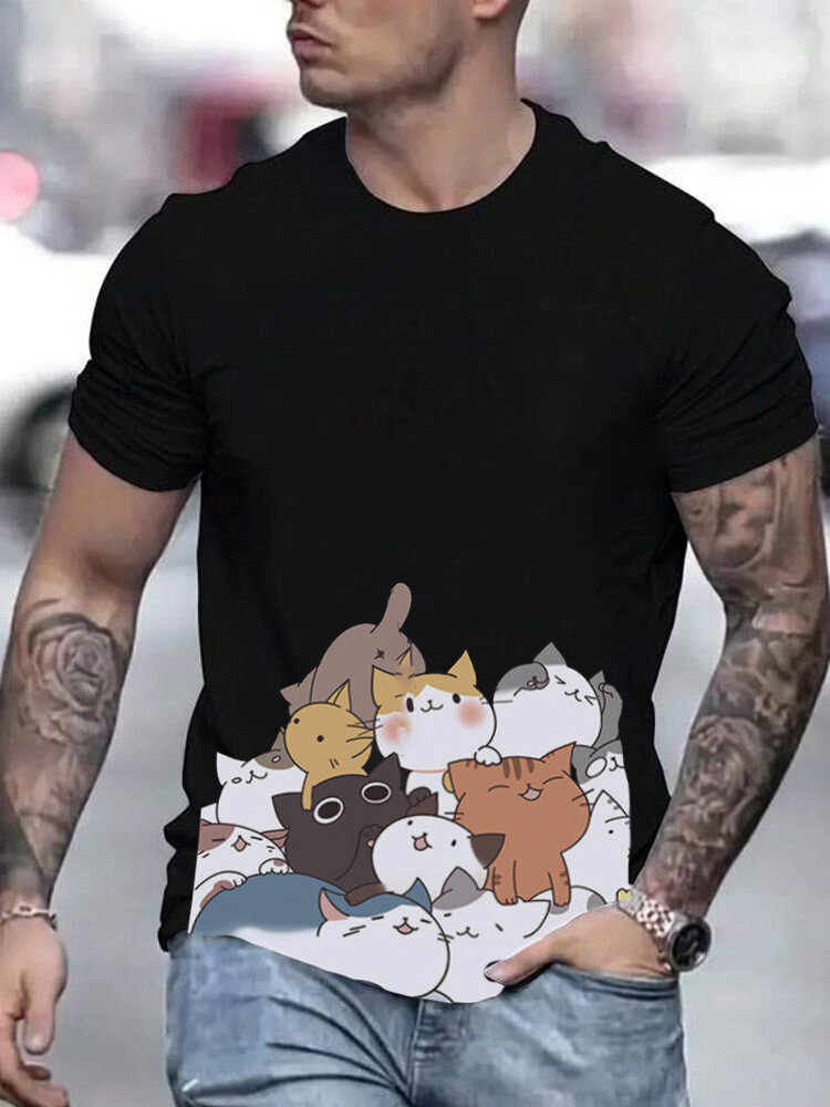Mens Cute Cartoon Cat Print Crew Neck Short Sleeve T-Shirts Winter