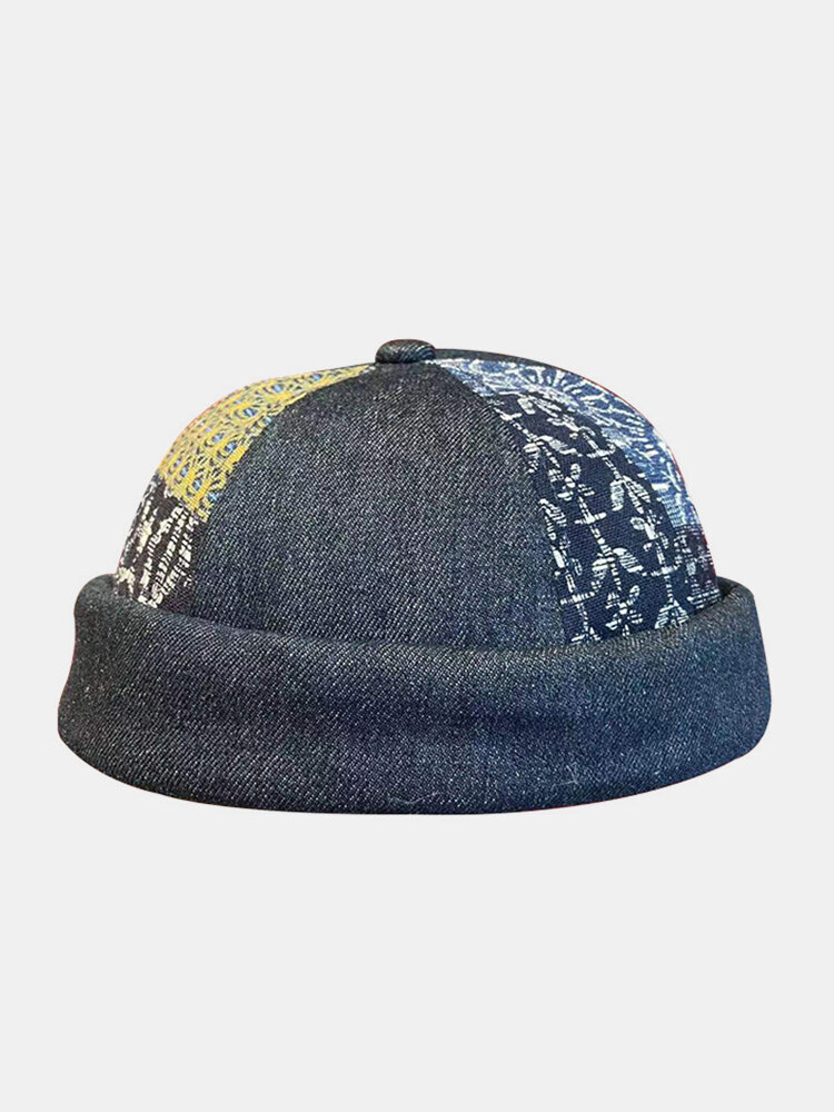 Unisex Washed Denim Patchwork Vintage Adjustable Blue Brimless Beanie Landlord Hat Skull Cap