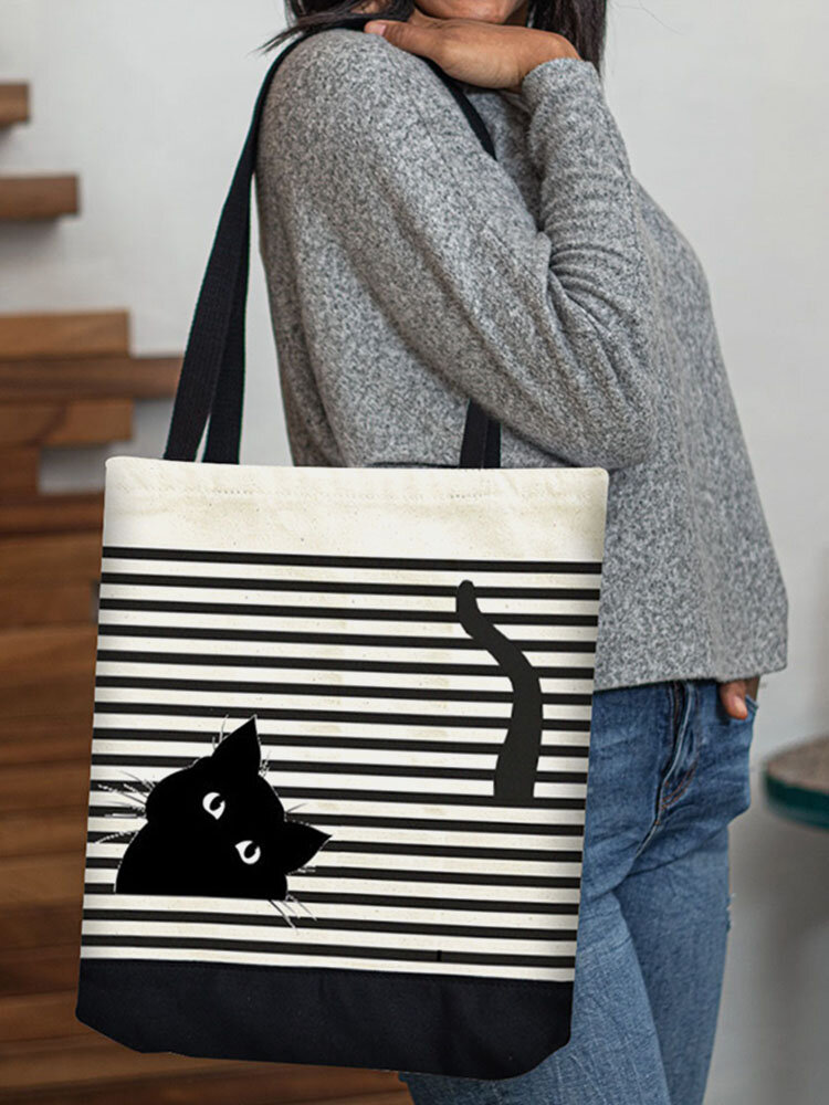 Women Cat Striped Pattern Printing Handbag Shoulder Bag Tote