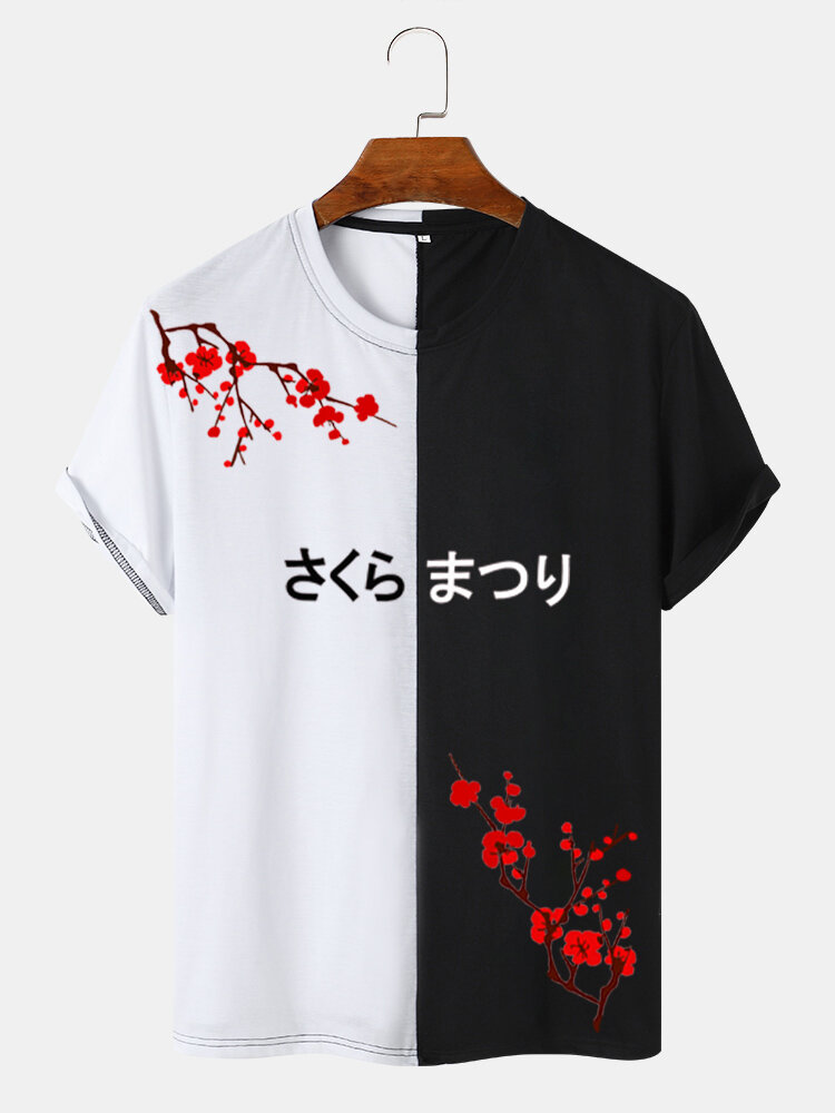Mens Plum Bossom Japanese Print Contrast Patchwork Short Sleeve T-Shirts