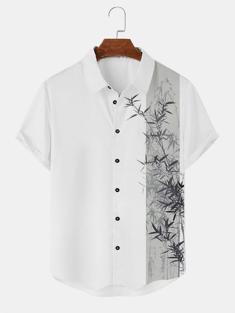 Mens Chinese Bamboo Print Lapel Button Up Short Sleeve Shirts Winter