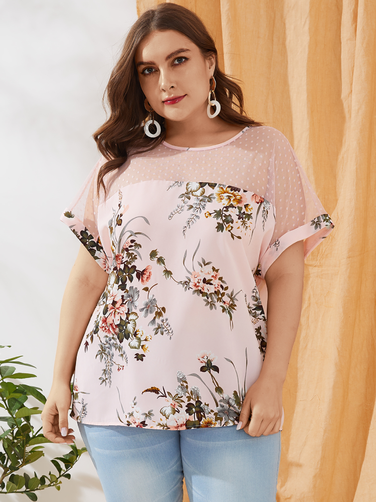 Mesh Patchwork Floral Print O-neck Short Sleeve Plus Size Blouse for Women