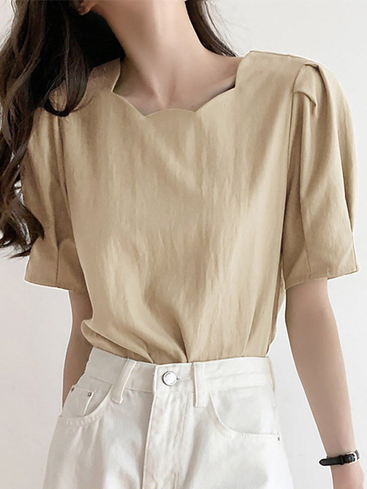 

Solid Short Sleeve Wavy Neckline Blouse For Women, Navy;camel