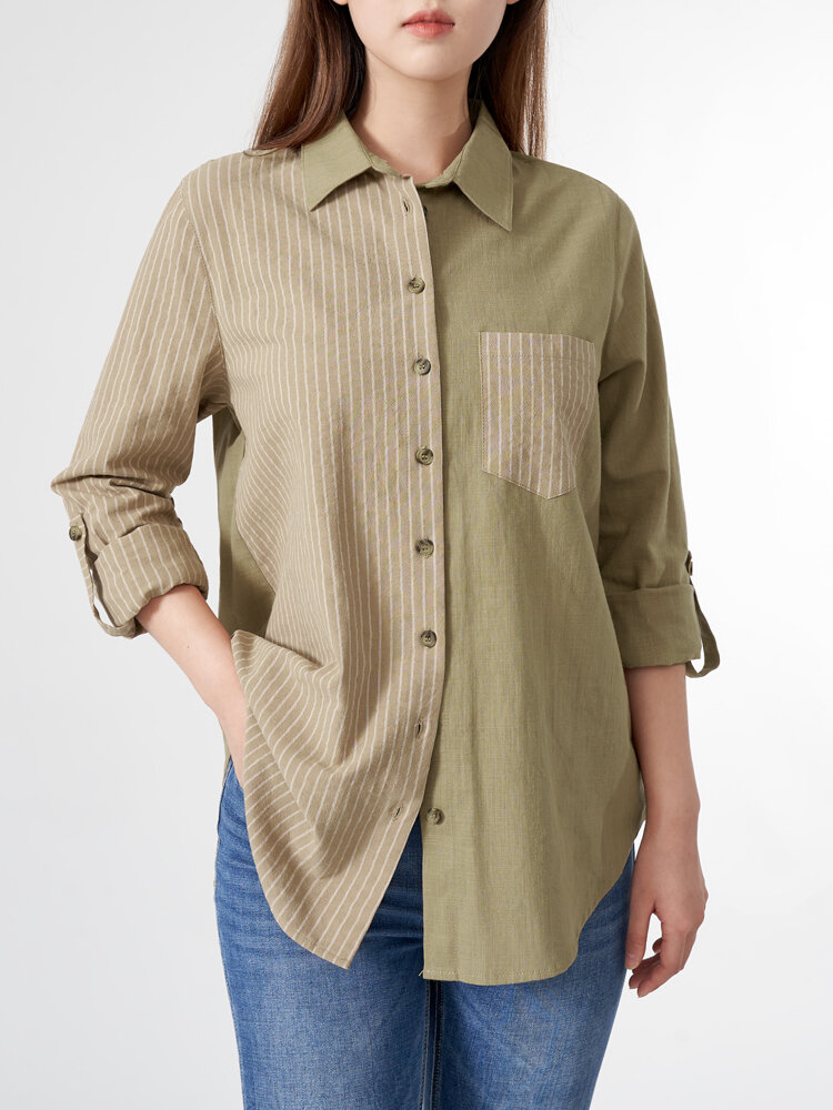 

Stripe Contrast Pocket Button Front Rolled Tab Sleeve Shirt, Khaki