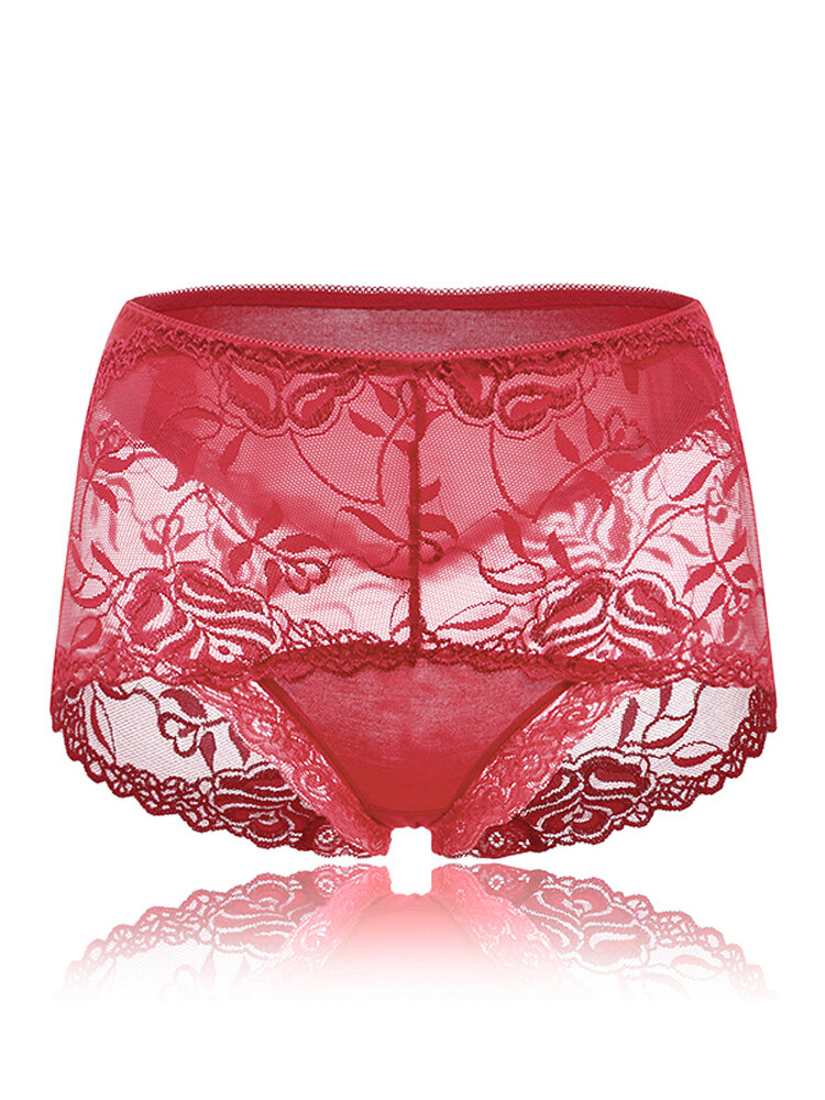 Sexy Soft Transparent Lace Embroidery Hollow Mid Waisted Thin Panties