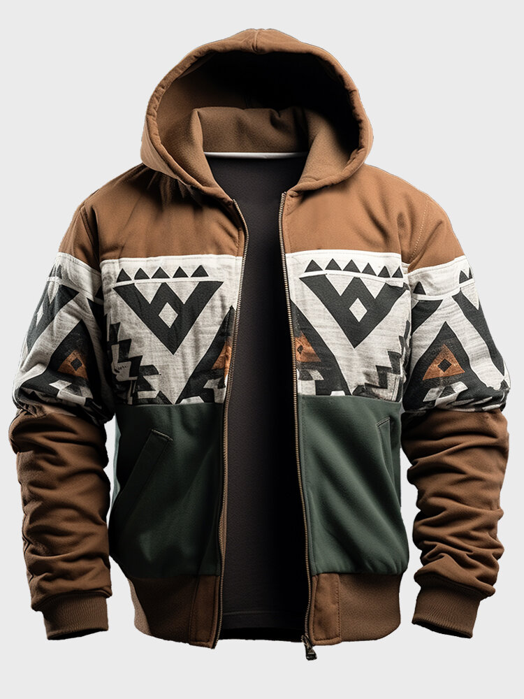Mens Ethnic Geometric Print Patchwork Zip Front Hooded Jacket Winter
