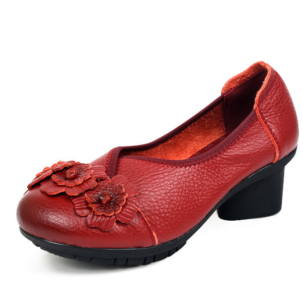 SOCOFY Leather Mid Heel Vintage Handmade Flower Original Soft Shoes