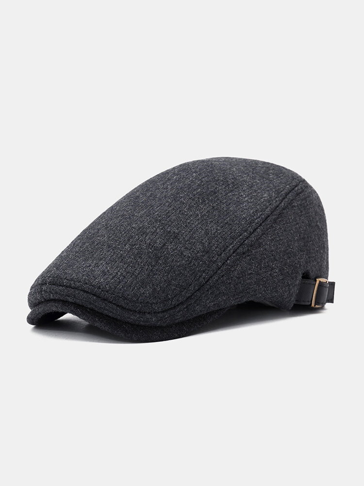 Mens Winter Thicken Warm Woolen Beret Flat Cap Adjustable Casual Solid Black Grey Forward Hats