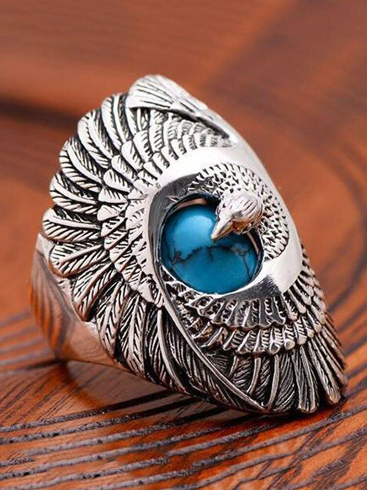 Vintage Metal Turquoise Finger Ring Geometric Carved Eagle Wings Titanium Steel Rings