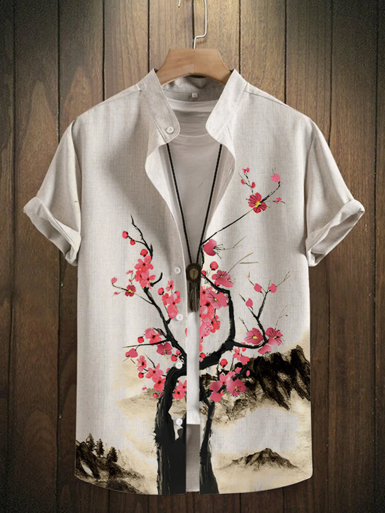 Mens Chinese Plum Bossom Landscape Print Stand Collar Short Sleeve Shirts