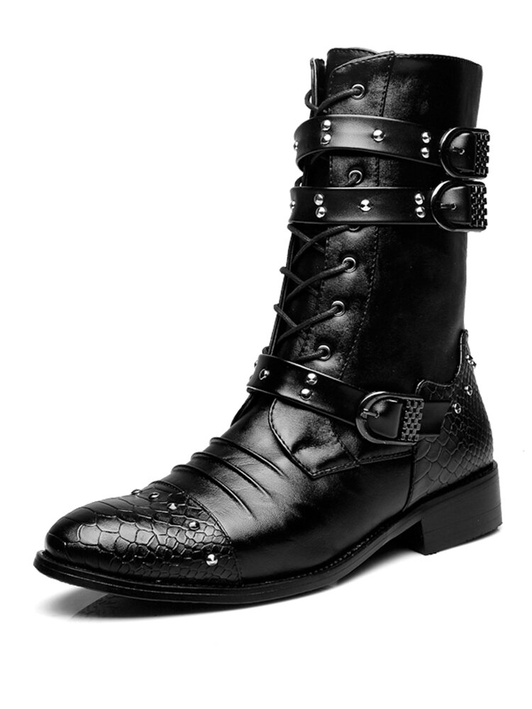 

Men Rivet Decor Comfy Non Slip Lace-up Zipper Casual Biker Short Boots, Black(plush);black (increased heel;plush）;black1(increased heel;plush);black1(plush)