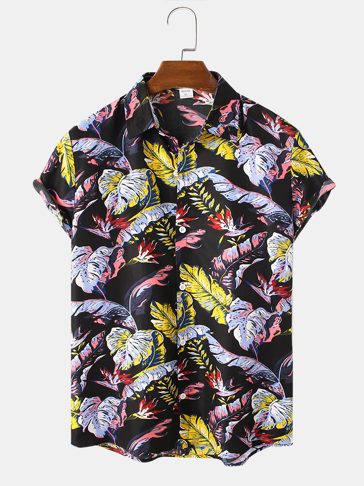 

Mens Colorful Tropical Leaf Print Lapel Holiday Funky Hawaiian Shirt, Black