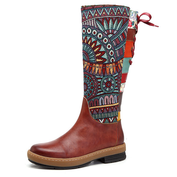 SOCOFY Bohemian Splicing Pattern Flat Leather Rainbow Knee Boots