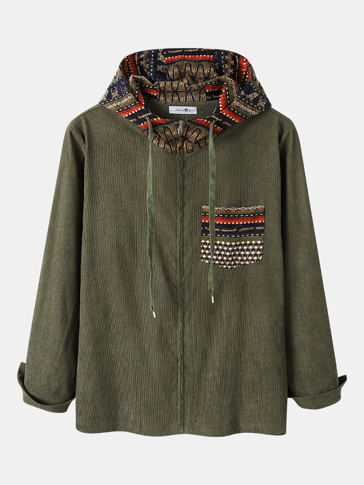 

Mens Ethnic Tribal Pattern Zip Front Corduroy Casual Drawstring Hooded Jacket, Army green