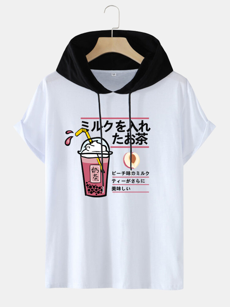 

Mens Milk Tea Print Japanese Style Short Sleeve Hooded T-Shirts, White;black