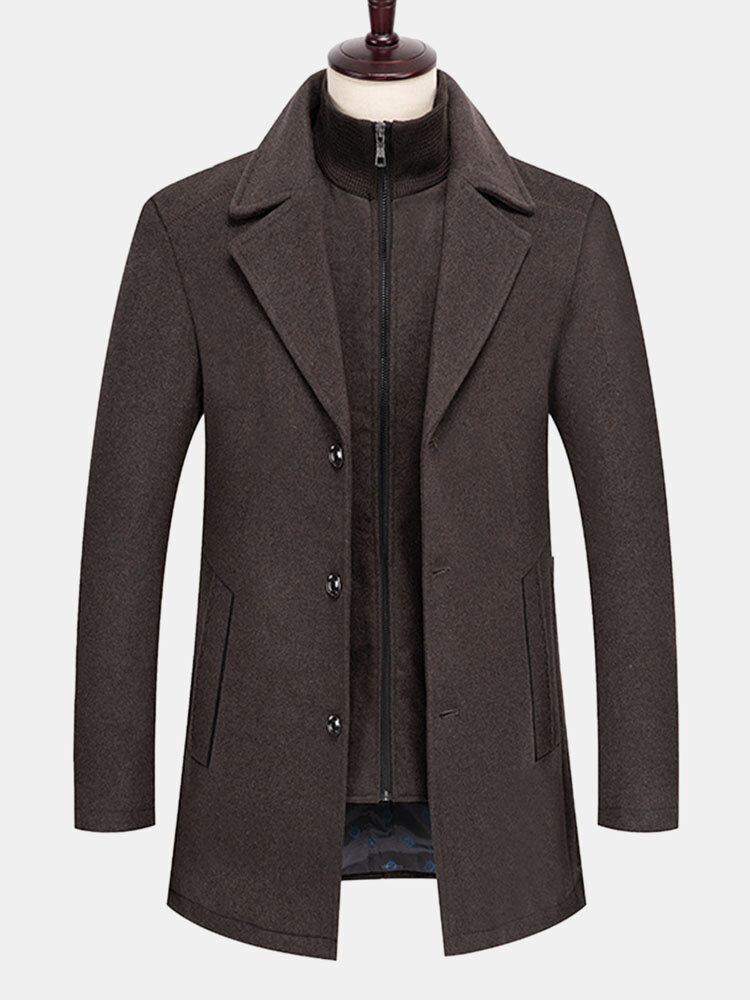 

Mens Solid Zipper Design Single Breasted Warm Woolen Mid-Length Overcoats, Camel;gray;navy