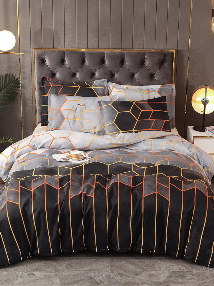 2/3-teiliges geometrisches Bettwäsche-Set, weiß, schwarz, golden, Bettbezug-Sets, Polyester, Bettbezug, Kissenbezug, Queen-King-Größe