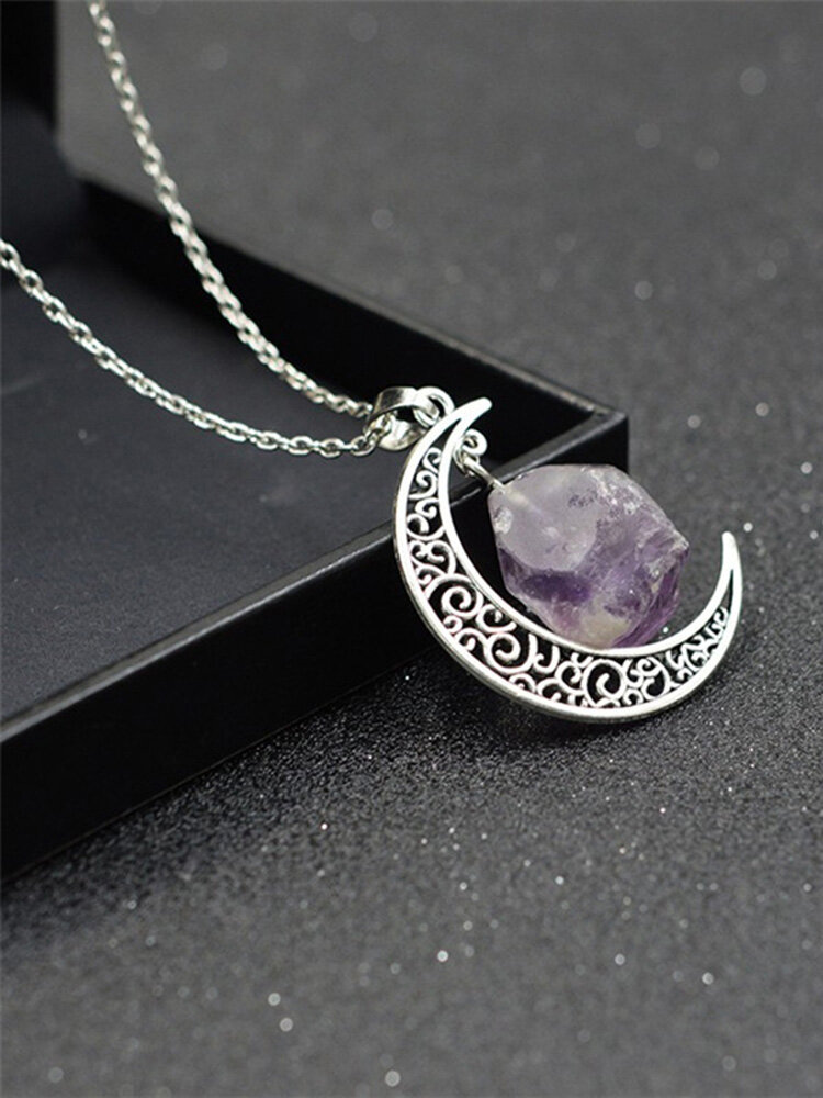 Vintage Pendant Necklace Crescent Moon Irregular Rock Chain Charm Necklace Ethnic Jewelry for Women