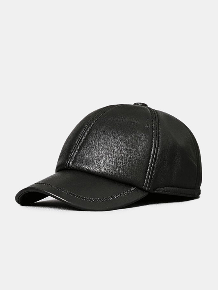 Men Sheep Leather Solid Color Patchwork Embroidery Thread Dome Casual Windproof Baseball Cap